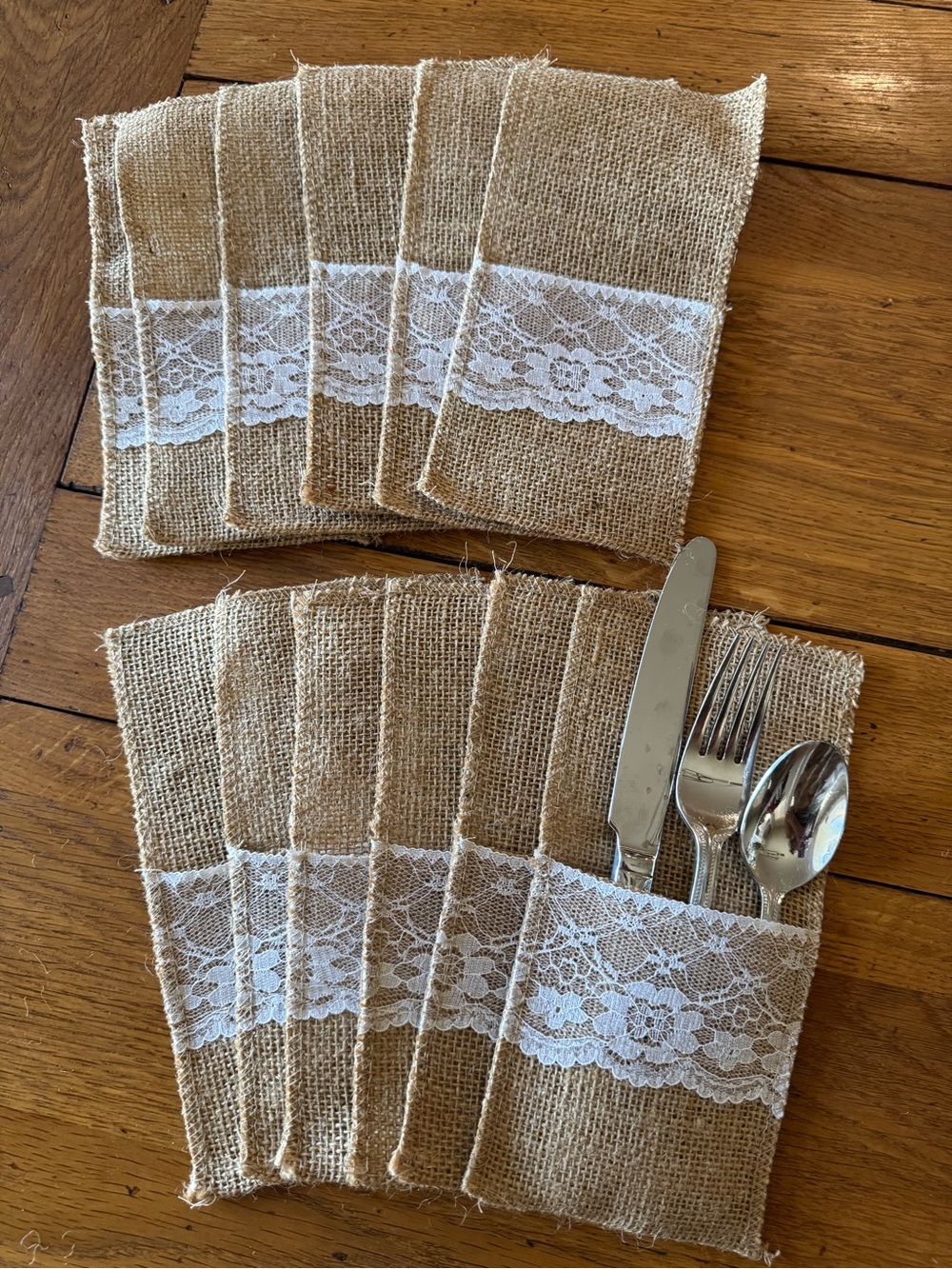 Burlap Cutlery Holder with White Lace Trim - set of 12